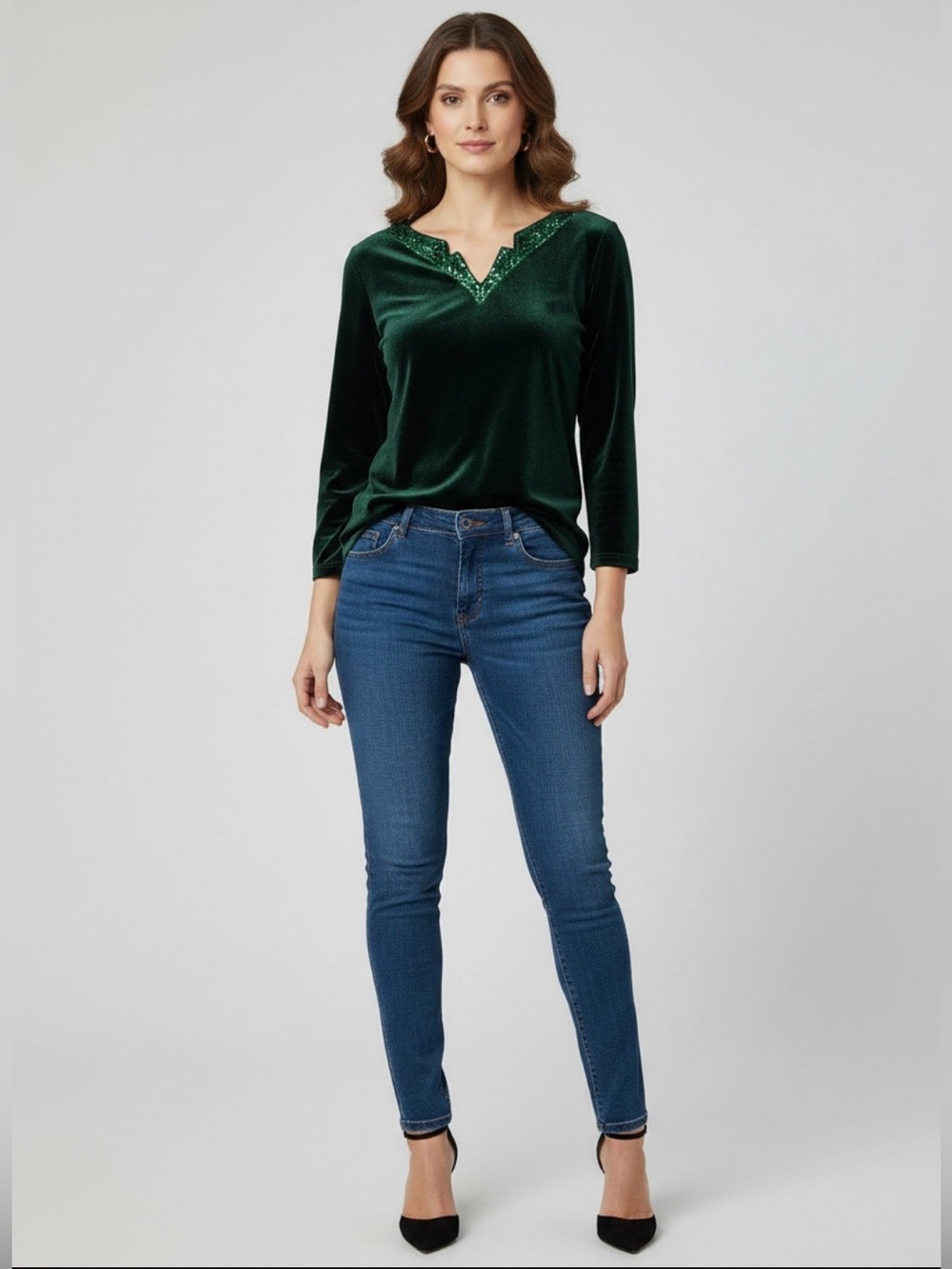 Bob Mackie, Women’s Art Velvet Top, Dark Green Sequins Around V-Neck. L